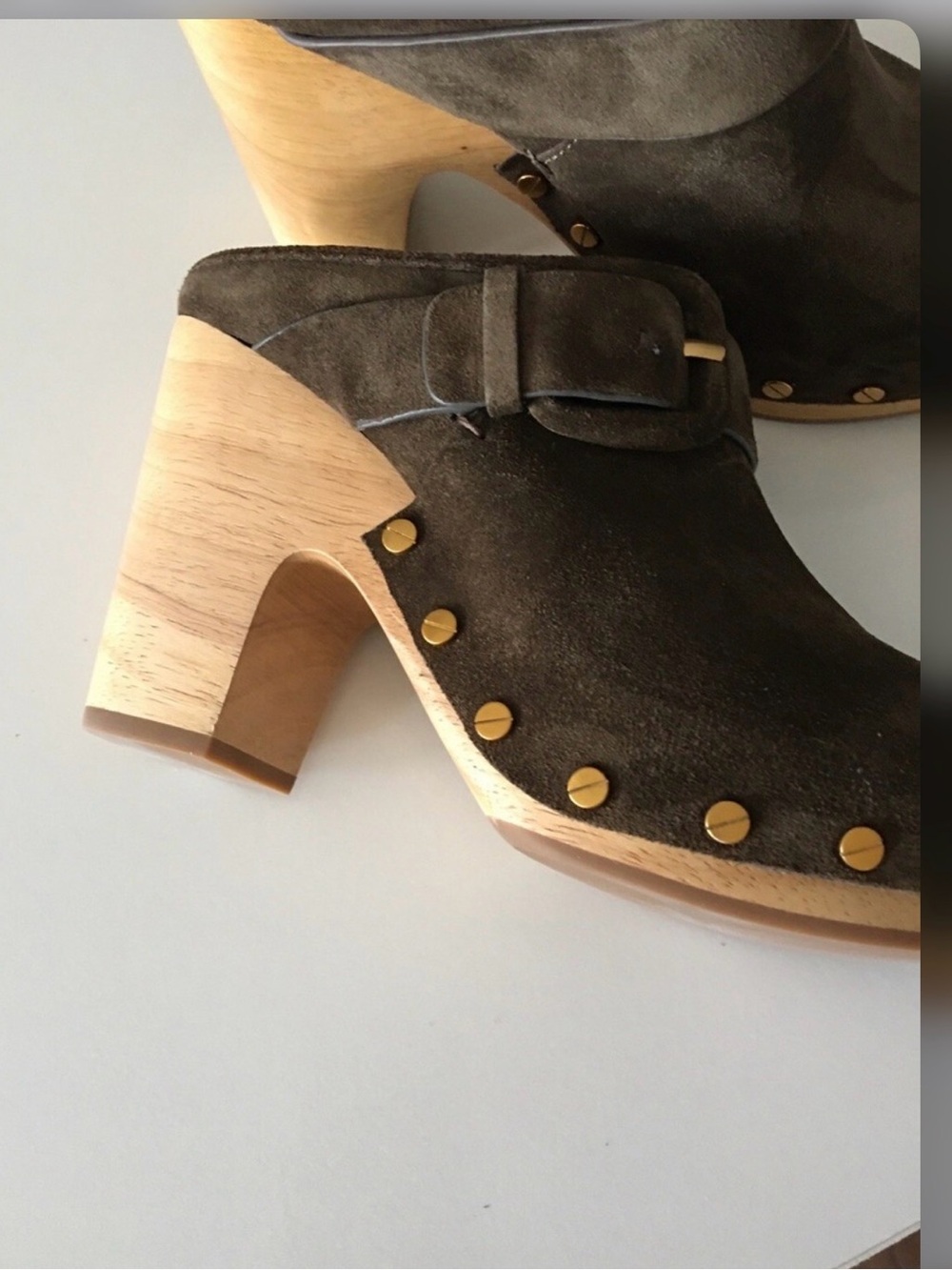 Veronica Beard Olive Suede Wood-Platform Clog Studded Accents Mules